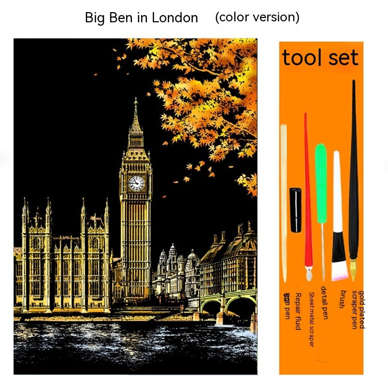 Colourful City Night Scene Hand Scratch Painting