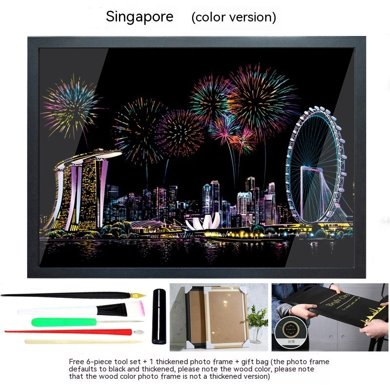 Colourful City Night Scene Hand Scratch Painting