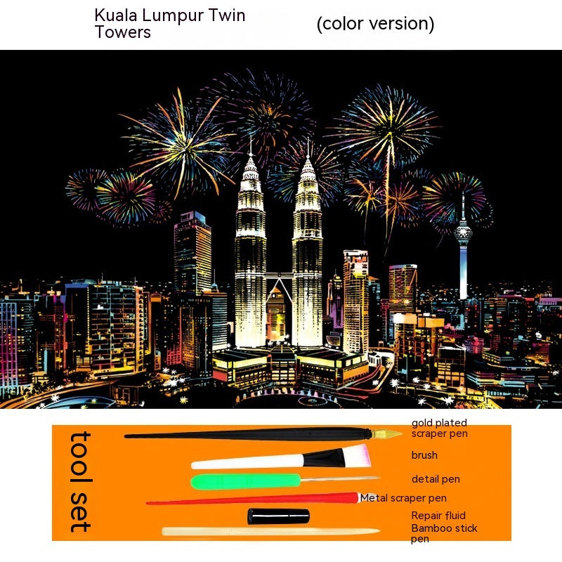 Colourful City Night Scene Hand Scratch Painting