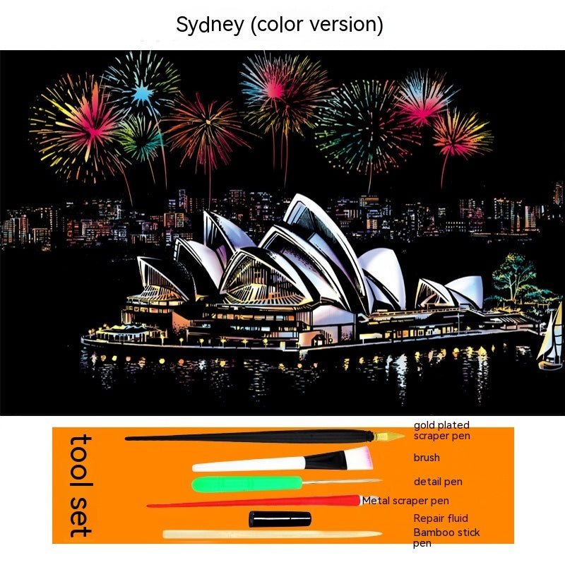 Colourful City Night Scene Hand Scratch Painting