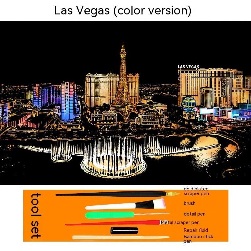 Colourful City Night Scene Hand Scratch Painting