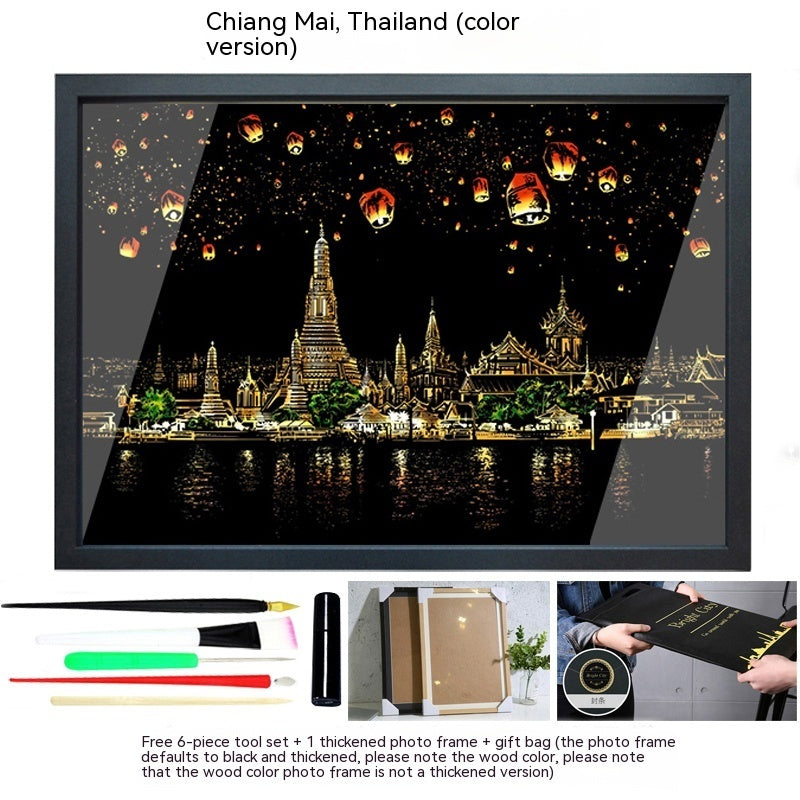 Colourful City Night Scene Hand Scratch Painting