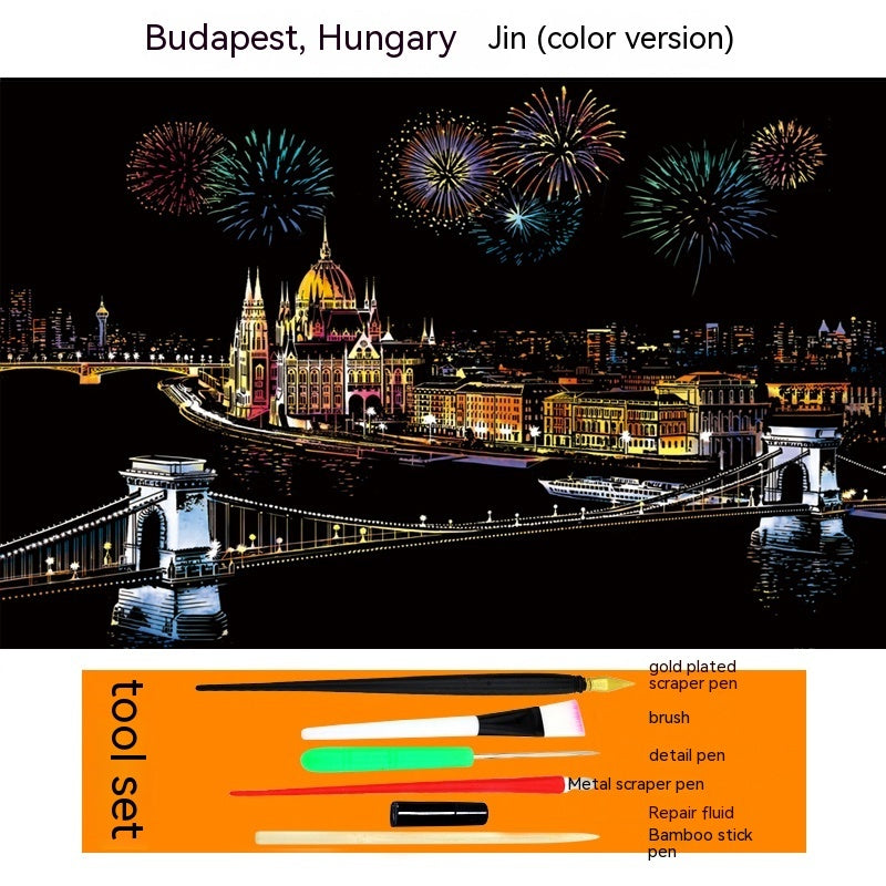 Colourful City Night Scene Hand Scratch Painting