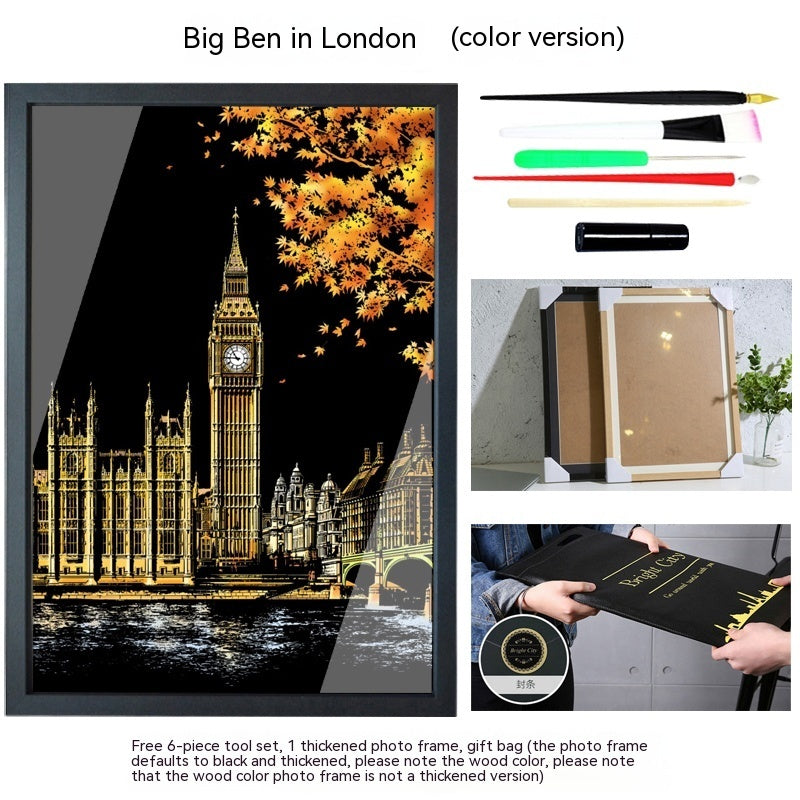 Colourful City Night Scene Hand Scratch Painting