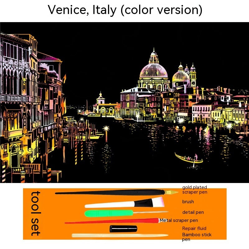 Colourful City Night Scene Hand Scratch Painting